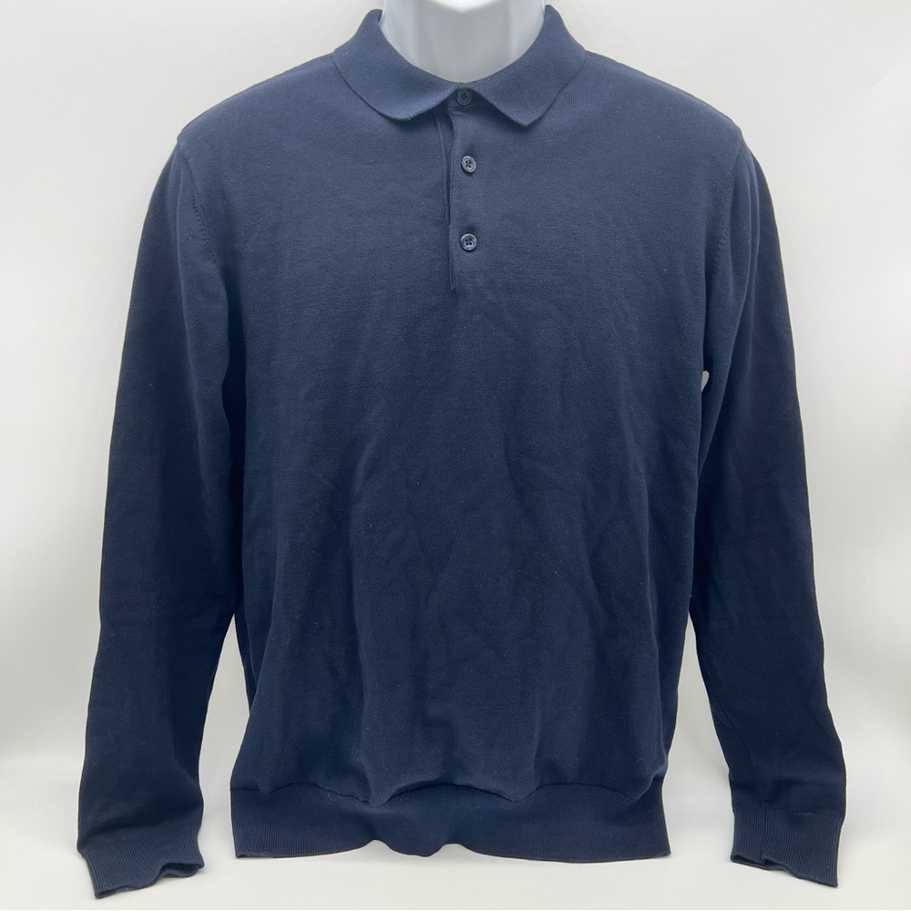 Arne Men’s Navy Blue Long-Sleeve Preppy  Cotton Polo Shirt-Size M